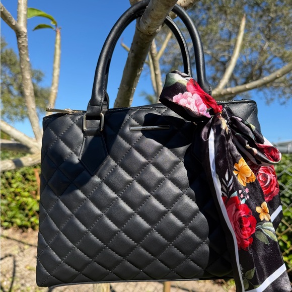 ALDO Black Quilted Shoulder Bag with Floral Scarf - Picture 2 of 14